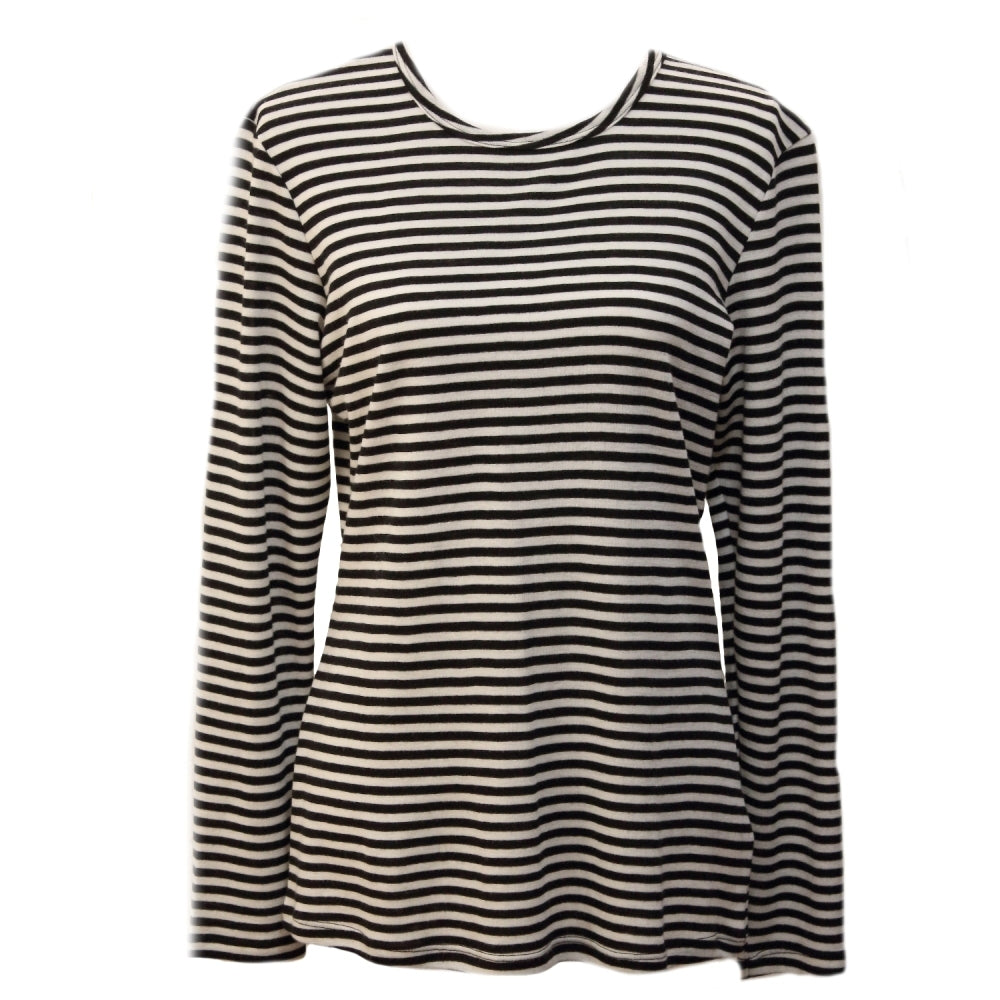 Womens Long Sleeve 100% Pure Wool Stripe Knit Top Warm Winter Thermal Base Layer - Black/Cream Double Stripe
