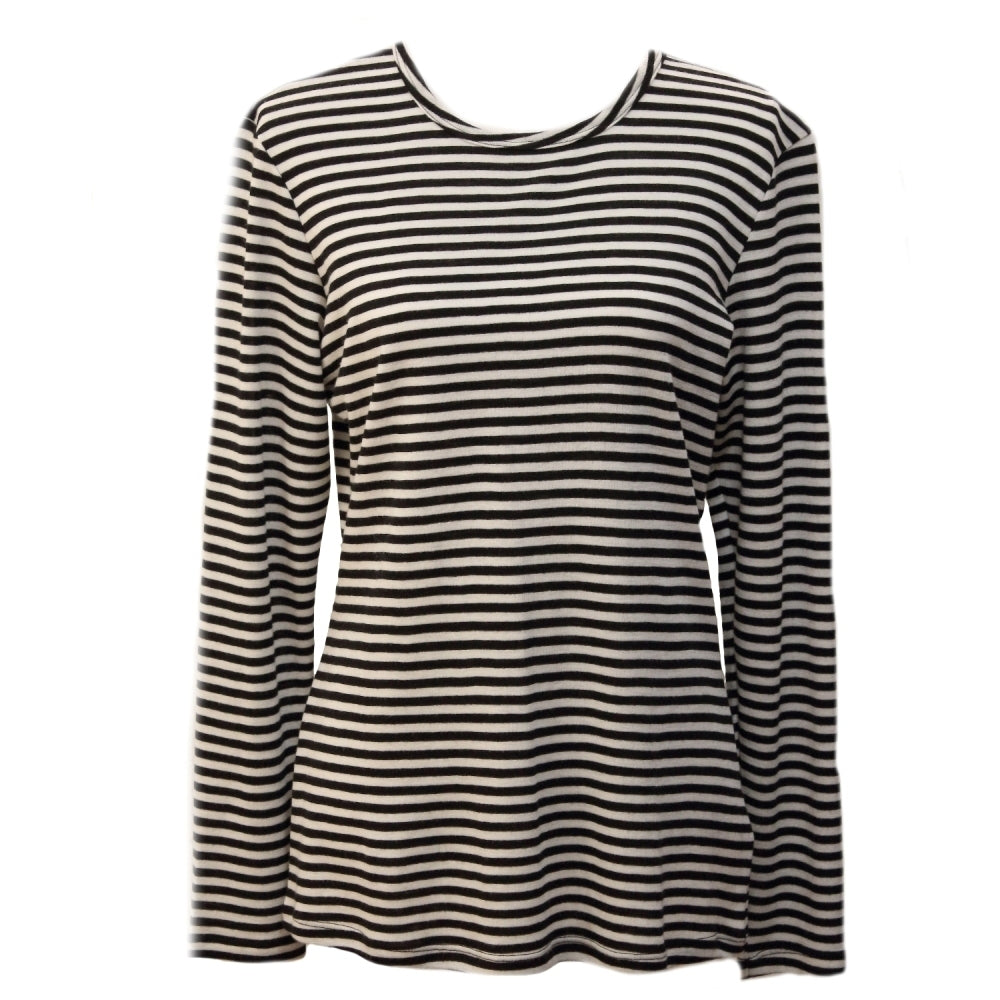 Womens Long Sleeve 100% Pure Wool Stripe Knit Top Warm Winter Thermal Base Layer - Black/Cream Double Stripe
