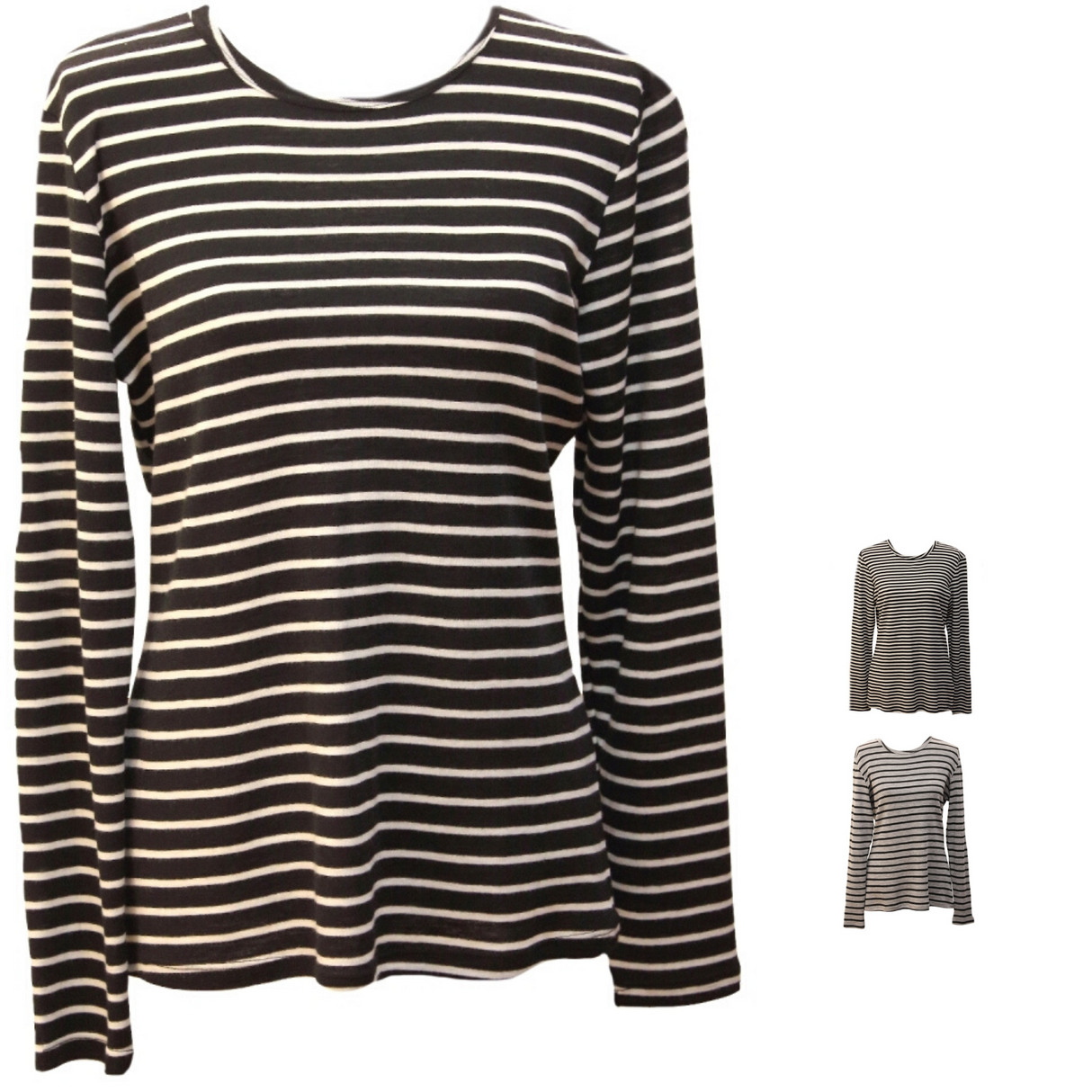 Womens Long Sleeve 100% Pure Wool Stripe Knit Top Warm Winter Thermal Base Layer - Black/Cream