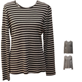Womens Long Sleeve 100% Pure Wool Stripe Knit Top Warm Winter Thermal Base Layer - Black/Cream