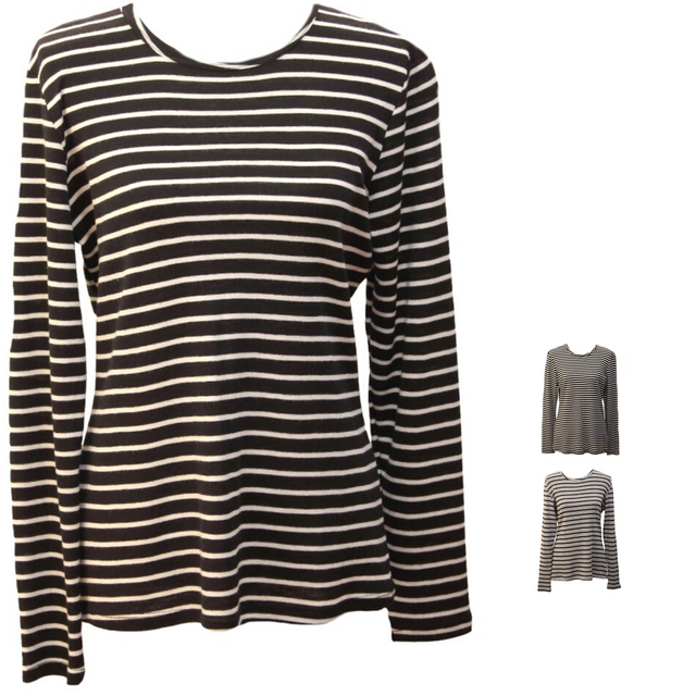 Womens Long Sleeve 100% Pure Wool Stripe Knit Top Warm Winter Thermal Base Layer - Black/Cream