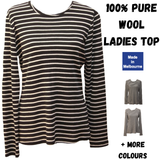 Womens Long Sleeve 100% Pure Wool Stripe Knit Top Warm Winter Thermal Base Layer - Black/Cream