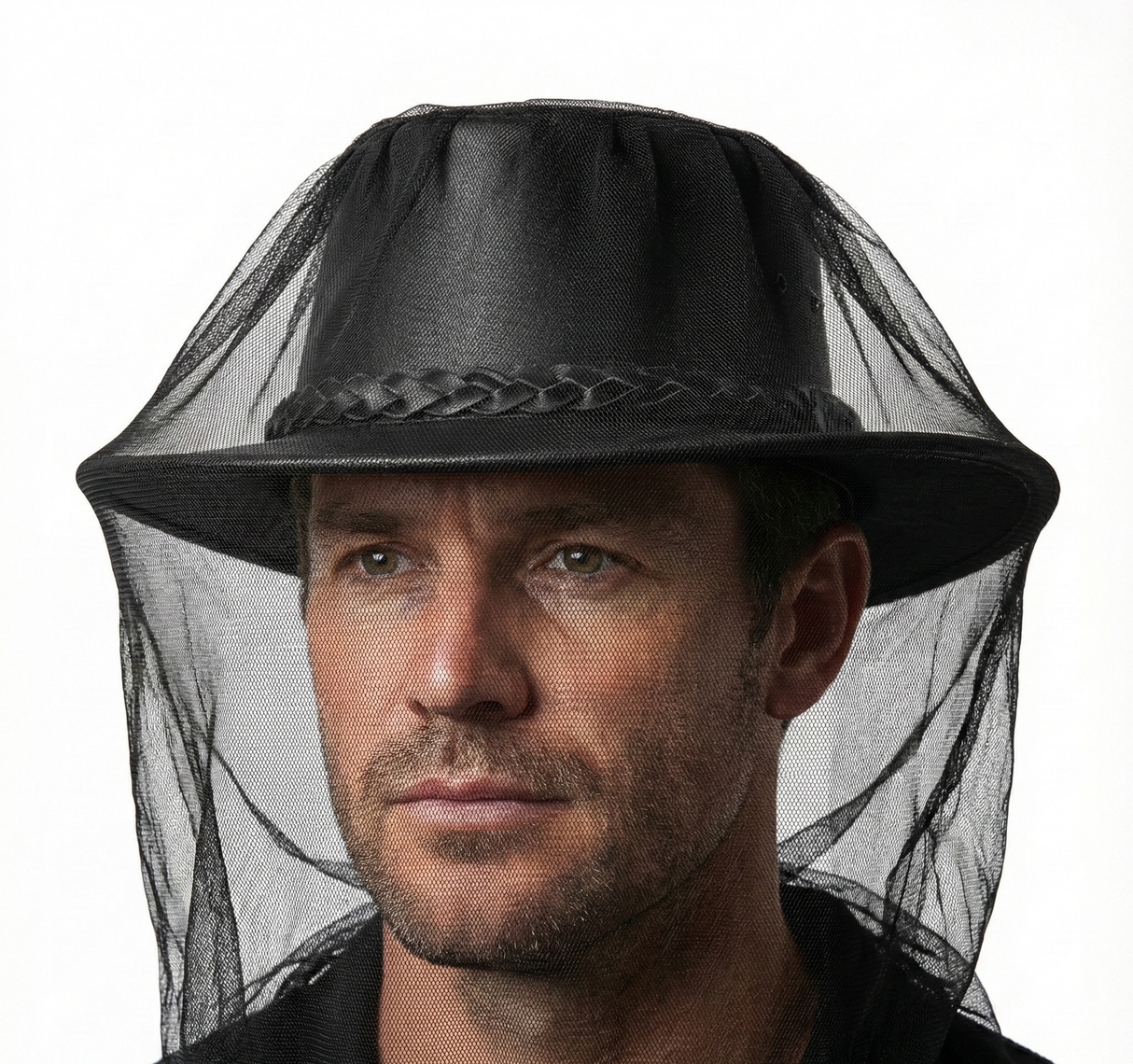 Deluxe MOSQUITO HAT NET Head Protector Bee Bug Mesh Mozzie Insect Fishing Fly - Black