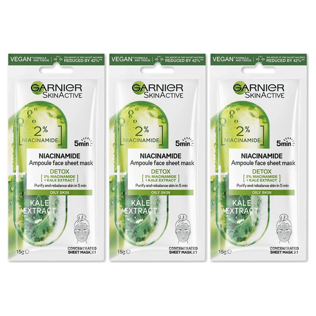 3x Garnier 15g Skin Active Ampoule Sheet Mask Pack - Kale & Niacinamide