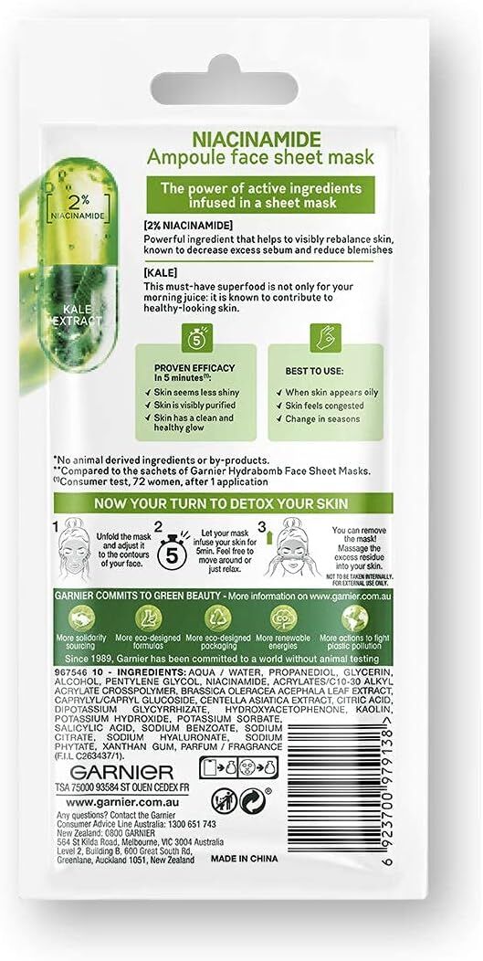 Garnier 15g Skin Active Ampoule Sheet Mask - Kale & Niacinamide