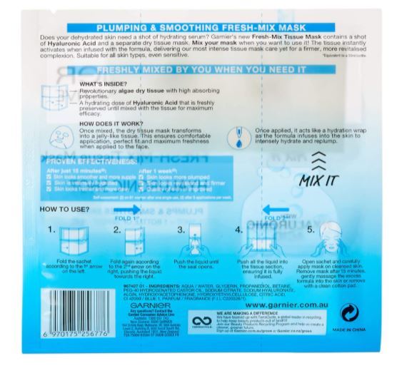 3x Garnier 33g SkinActive Fresh Mix Tissue Mask Hyaluronic Shot Plumps & Smoothen Skin