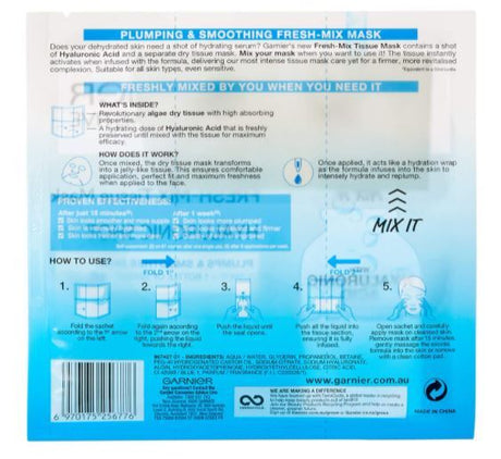 3x Garnier 33g SkinActive Fresh Mix Tissue Mask Hyaluronic Shot Plumps & Smoothen Skin