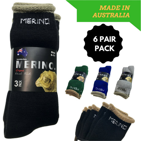 6 Pairs MERINO WOOL SOCKS Mens Heavy Duty Premium Thick Work Socks Cushion BULK - Black
