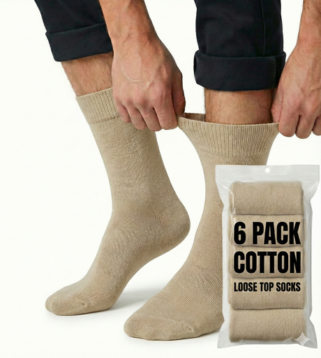 6x Pairs Beige Cotton Rich Loose Top Socks Bulk Pack (Comfort Diabetic Circulation)