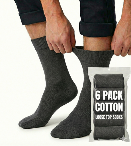 6x Pairs Charcoal Cotton Rich Loose Top Socks Bulk Pack (Comfort Diabetic Circulation)