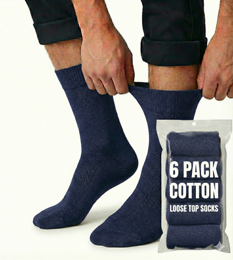 6x Pairs Navy Blue Cotton Rich Loose Top Socks Bulk Pack (Comfort Diabetic Circulation)