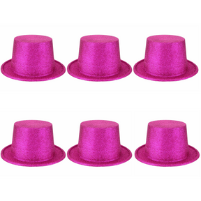 6x Hot Pink Glitter Top Hats Bulk - Sparkly Dance Costume/Fancy Dress Party