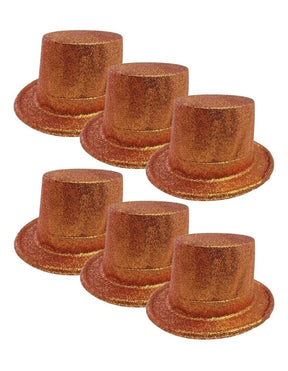 6x Orange Glitter Top Hats Bulk - Sparkly Dance Costume/Fancy Dress Party