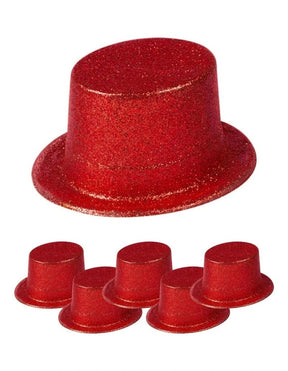 6x Red Glitter Top Hats Bulk - Sparkly Dance Costume/Fancy Dress Party