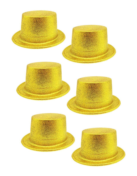 6x Yellow Glitter Top Hats Bulk Pack - Sparkly Dance Costume/Fancy Dress Party