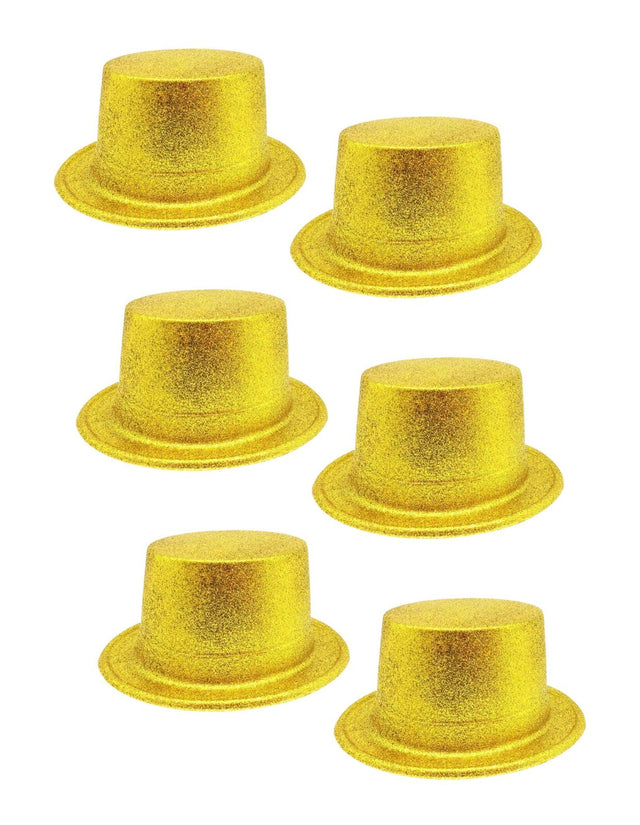 6x Yellow Glitter Top Hats Bulk Pack - Sparkly Dance Costume/Fancy Dress Party