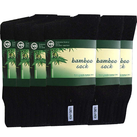 6 Pairs Bamboo Work Socks Bulk Pack - Black (Mens Heavy Duty Thick Socks w/ Cushion)