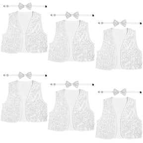 6x Adults Silver Sequin Bow Tie & Vest Set Bulk - Sparkly Dance Costume/Fancy Dress Party