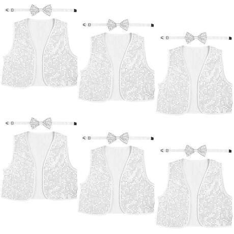6x Adult Unisex SEQUIN BOW TIE & VEST Dance Costume Party Sparkle Set in Silver