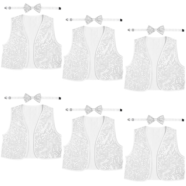 6x Adult Unisex SEQUIN BOW TIE & VEST Dance Costume Party Sparkle Set in Silver
