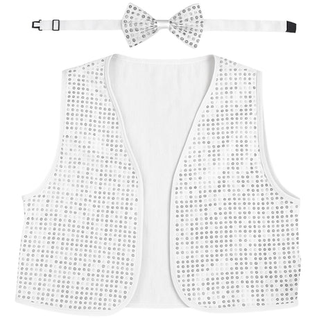6x Adult Unisex SEQUIN BOW TIE & VEST Dance Costume Party Sparkle Set in Silver