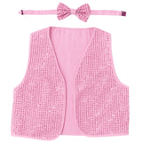 6x Adult Unisex SEQUIN BOW TIE & VEST Dance Costume Party Sparkle Set in Light Pink