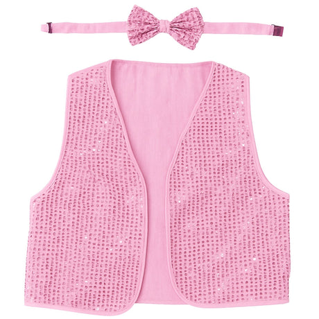 6x Adult Unisex SEQUIN BOW TIE & VEST Dance Costume Party Sparkle Set in Light Pink