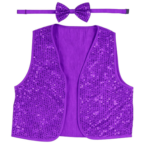 6x Adult Unisex SEQUIN BOW TIE & VEST Dance Costume Party Sparkle Set in Purple