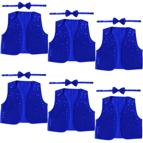 6x Adults Blue Sequin Bow Tie & Vest Set Bulk - Sparkly Dance Costume/Fancy Dress Party