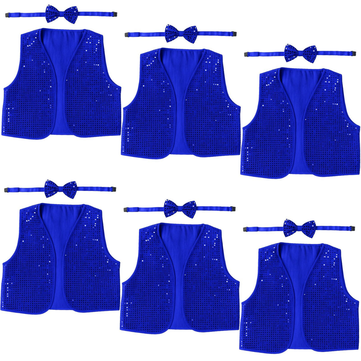 6x Adult Unisex SEQUIN BOW TIE & VEST Dance Costume Party Sparkle Set in Blue