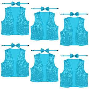 6x Adults Light Blue Sequin Bow Tie & Vest Set Bulk - Sparkly Dance Costume/Fancy Dress Party