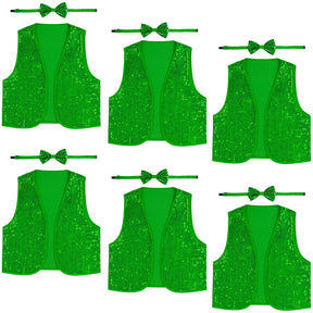 6x Adults Green Sequin Bow Tie & Vest Set Bulk - Sparkly Dance Costume/Fancy Dress Party