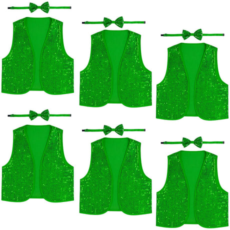 6x Adult Unisex SEQUIN BOW TIE & VEST Dance Costume Party Sparkle Set in Green