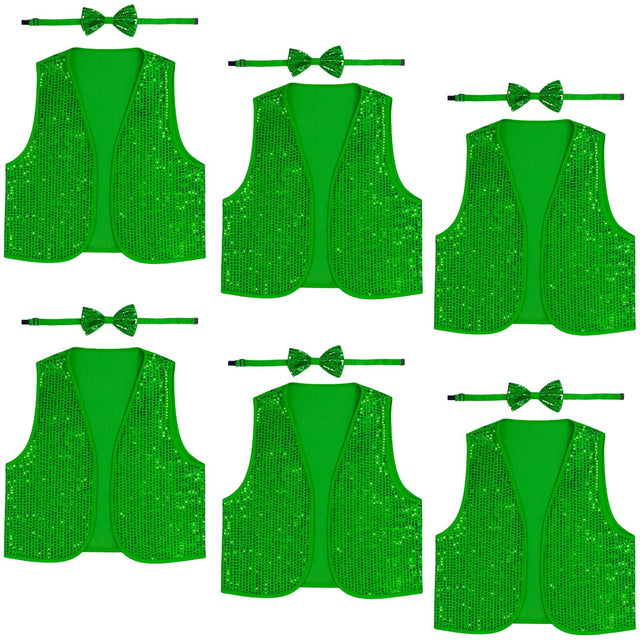 6x Adult Unisex SEQUIN BOW TIE & VEST Dance Costume Party Sparkle Set in Green