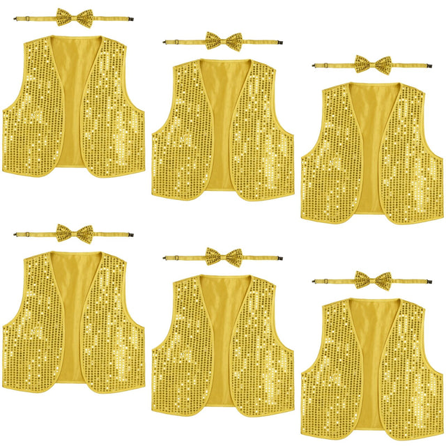 6x Adult Unisex SEQUIN BOW TIE & VEST Dance Costume Party Sparkle Set in Gold/Yellow