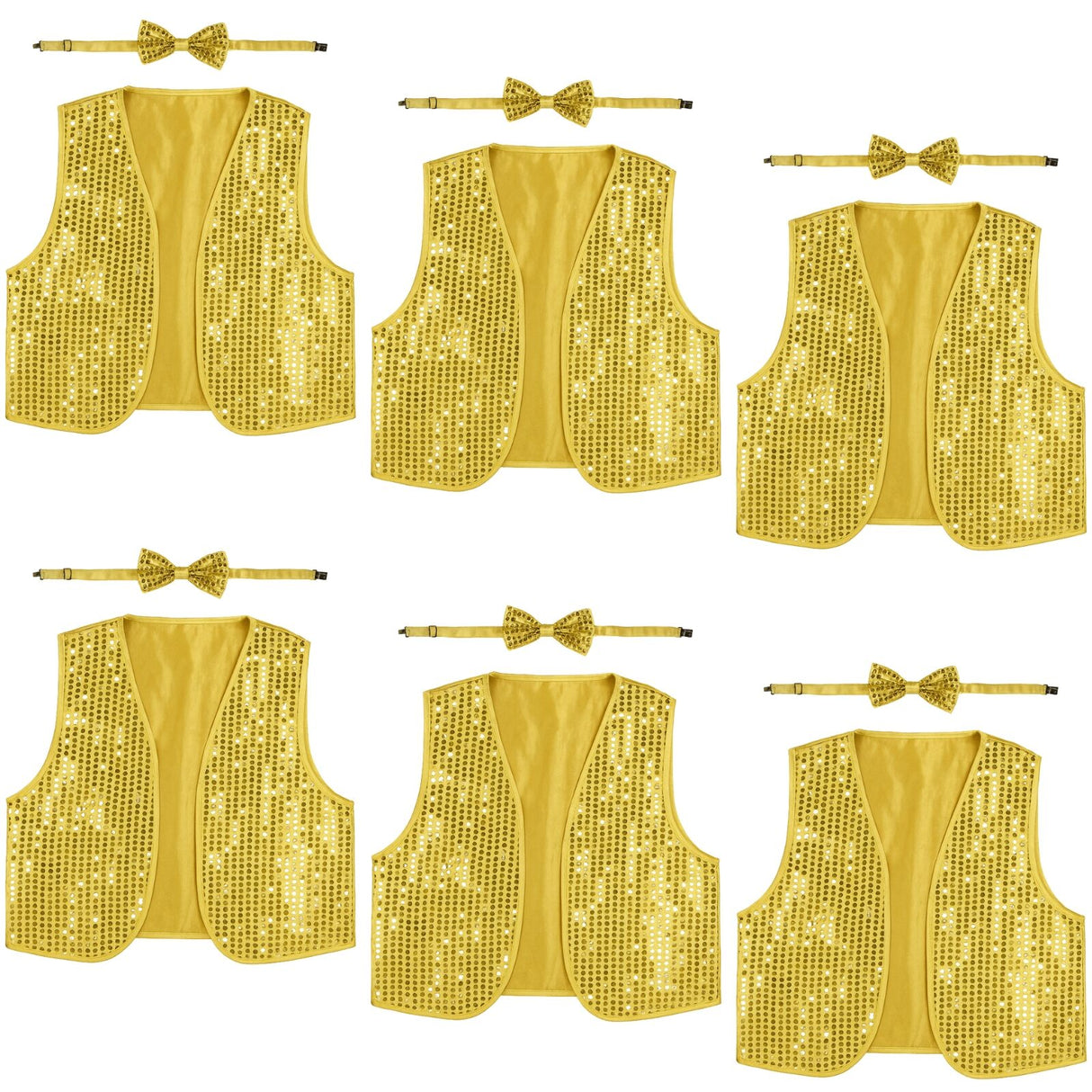 6x Adult Unisex SEQUIN BOW TIE & VEST Dance Costume Party Sparkle Set in Gold/Yellow