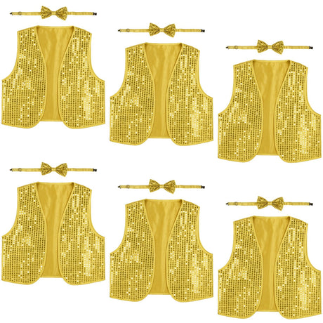 6x Adult Unisex SEQUIN BOW TIE & VEST Dance Costume Party Sparkle Set in Gold/Yellow