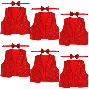 6x Kids Red Sequin Bow Tie & Vest Set Bulk - Sparkly Dance Costume/Fancy Dress Party