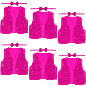 6x Kids Hot Pink Sequin Bow Tie & Vest Set Bulk - Sparkly Dance Costume/Fancy Dress Party