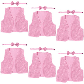 6x Kids Light Pink Sequin Bow Tie & Vest Set Bulk - Sparkly Dance Costume/Fancy Dress Party