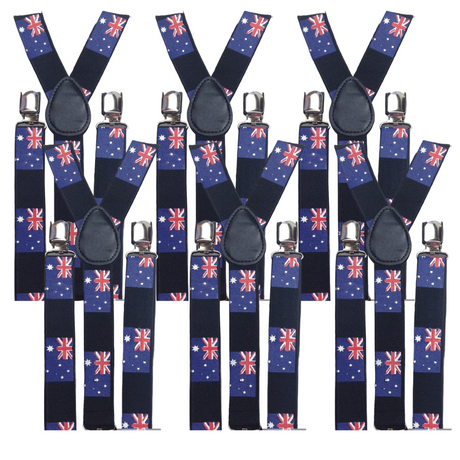 6x Mens Australia Flag Slim Suspenders Bulk Pack - Strong Adjustable Clip On Braces for Party/Formals