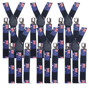6x Mens Australia Flag Slim Suspenders Bulk Pack - Strong Adjustable Clip On Braces for Party/Formals