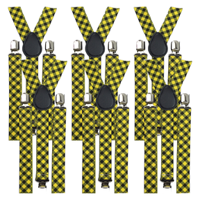 6x Black/Yellow Check Slim Suspenders Bulk Pack - Strong Adjustable Clip On Braces for Weddings/Formals