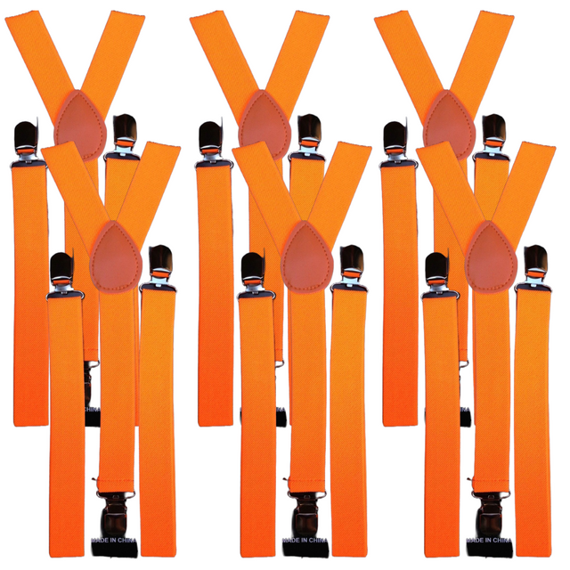 6x Fluro Orange Slim Suspenders Bulk Pack - Strong Adjustable Clip On Braces for Weddings/Formals