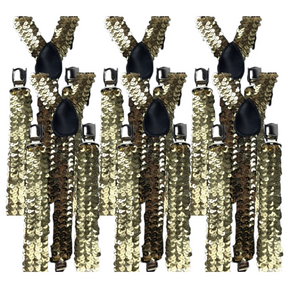 6x Gold Sequin Slim Suspenders Bulk Pack - Strong Adjustable Clip On Braces for Weddings/Formals