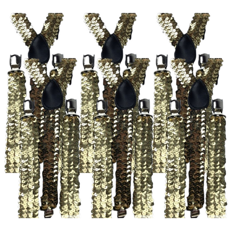 6x Gold Sequin Slim Suspenders Bulk Pack - Strong Adjustable Clip On Braces for Weddings/Formals