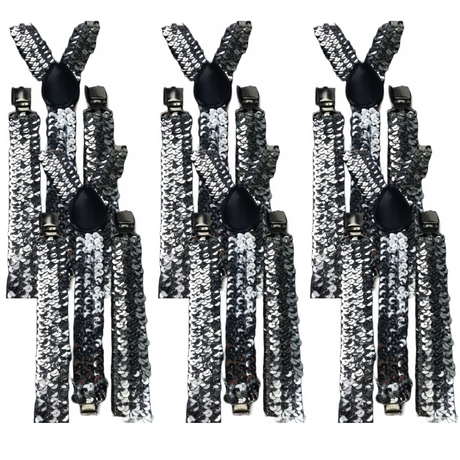 6x Mens Suspenders Braces Adjustable Strong Clip On Elastic Formal Wedding BULK - Silver (Sequin)