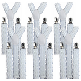 6x White Sequin Suspenders Bulk Pack - Unisex Adjustable Clip On Elastic Y-Back Braces