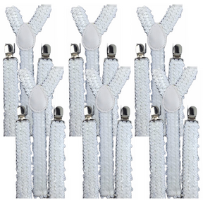 6x White Sequin Suspenders Bulk Pack - Unisex Adjustable Clip On Elastic Y-Back Braces
