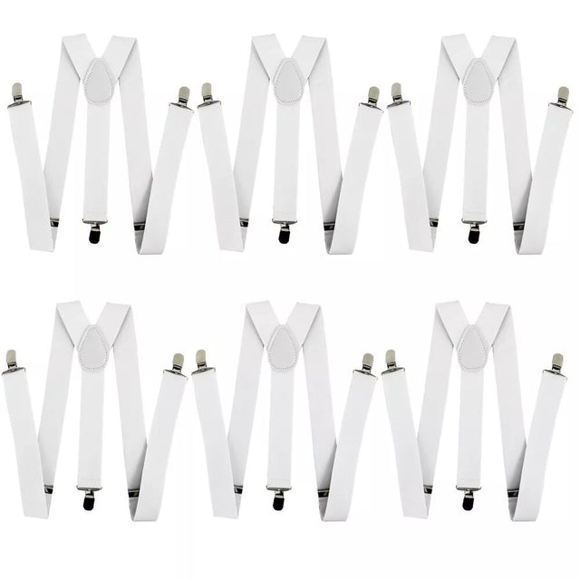 6x Mens Suspenders Braces Adjustable Strong Clip On Elastic Formal Wedding BULK - White